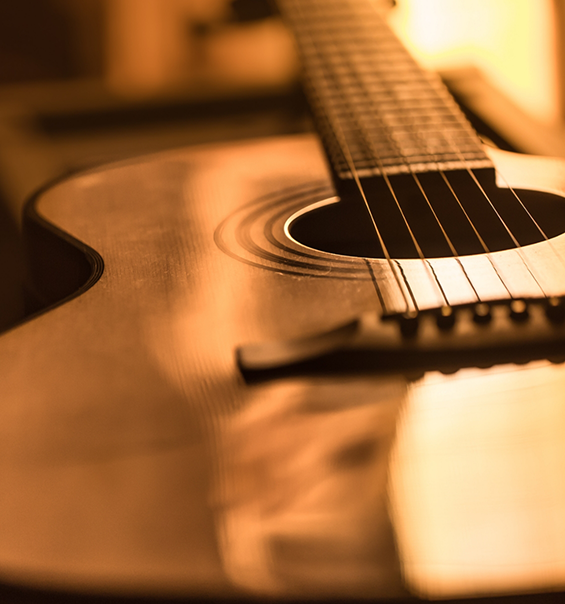 Close up of the strings on an acoustic guitar